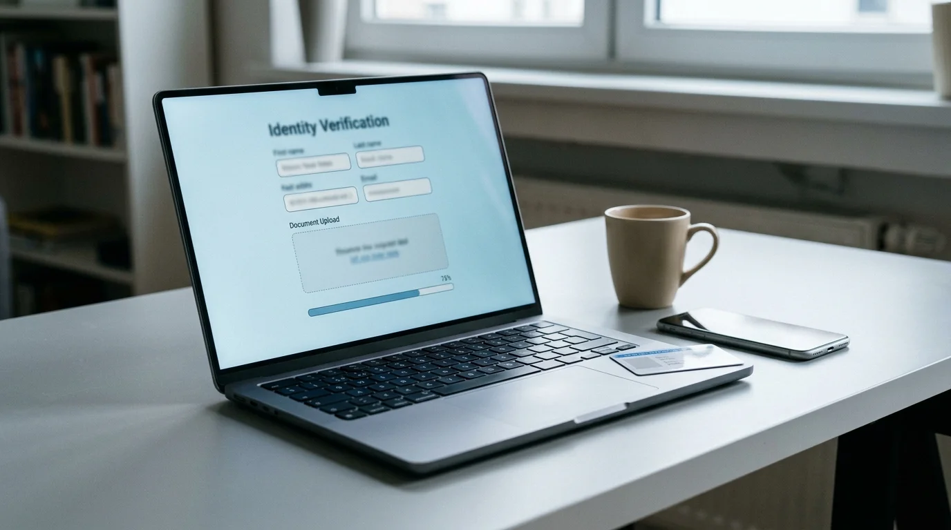 Pantalla de verificación KYC en una plataforma de juego online con campos de documento de identidad y prueba de domicilio